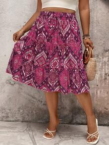 EMERY ROSE Holiday Frill Trim Women's Contrast Color Rope Multi-Function Casual Positioning Floral Plus Size Skirt - Multicolor - View 4