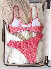 Swim Mod Women's Vacation Print Ruffle Hem Tank Top And Triangle Bikini Bottom Swimsuit Set - Pink - View 6