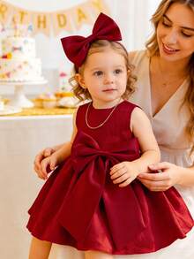 Glamorique Kids 女婴纯色蝴蝶结装饰无袖派对连衣裙 - 紅色 - 查看 2