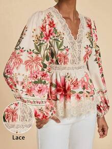 Travachic Women's Vacation Elegant Autumn Floral Print Contrast Lace Blouses - Pink - View 3