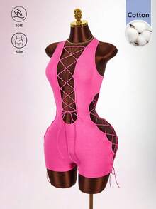 Bumpella Cross-Cutout Backless Sexy Sleeveless Jumpsuit For Women - Pink - View 3