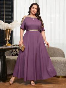 Reflora Plus Size Fashion Cinched Waist Rhinestone Embellished Off-Shoulder Dress - Multicolor - View 1