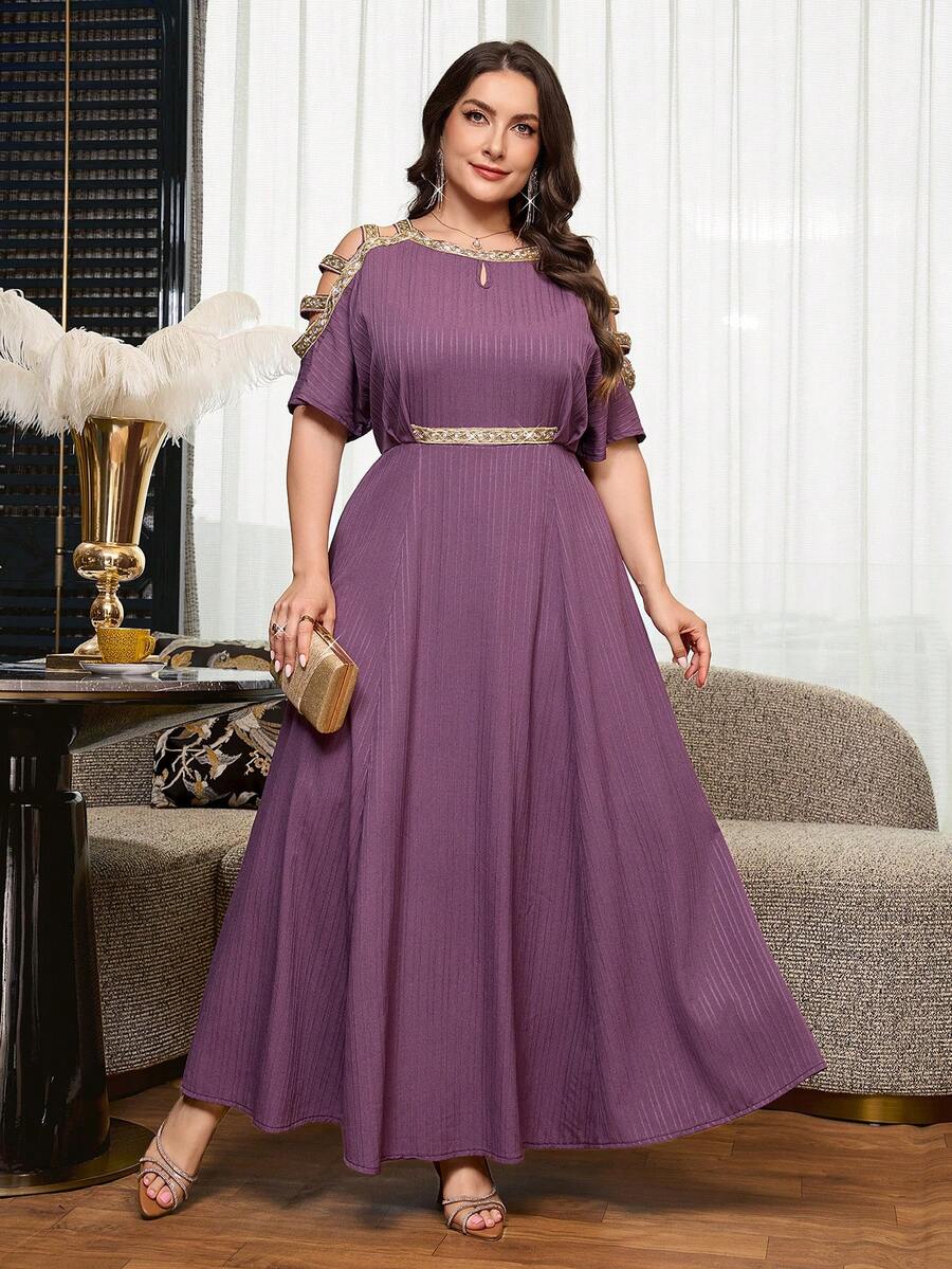 Reflora Plus Size Fashion Cinched Waist Rhinestone Embellished Off-Shoulder Dress - Multicolor - View 1