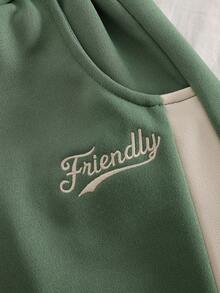 Genkimix Kids Conjunto de sudadera de cuello redondo con mangas raglán y diseño de bloques de color minimalista estilo coreano para niños, con pantalones de chándal holgados a juego con bloques de color, para uso diario en primavera - verde menta - Ver 4