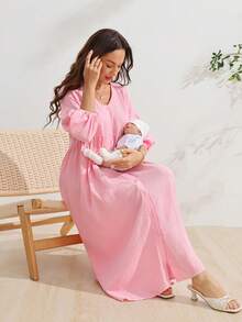 SHEIN 孕婦粉色長洋裝，100%純棉，寬鬆舒適居家服 - 粉色 - 查看 5