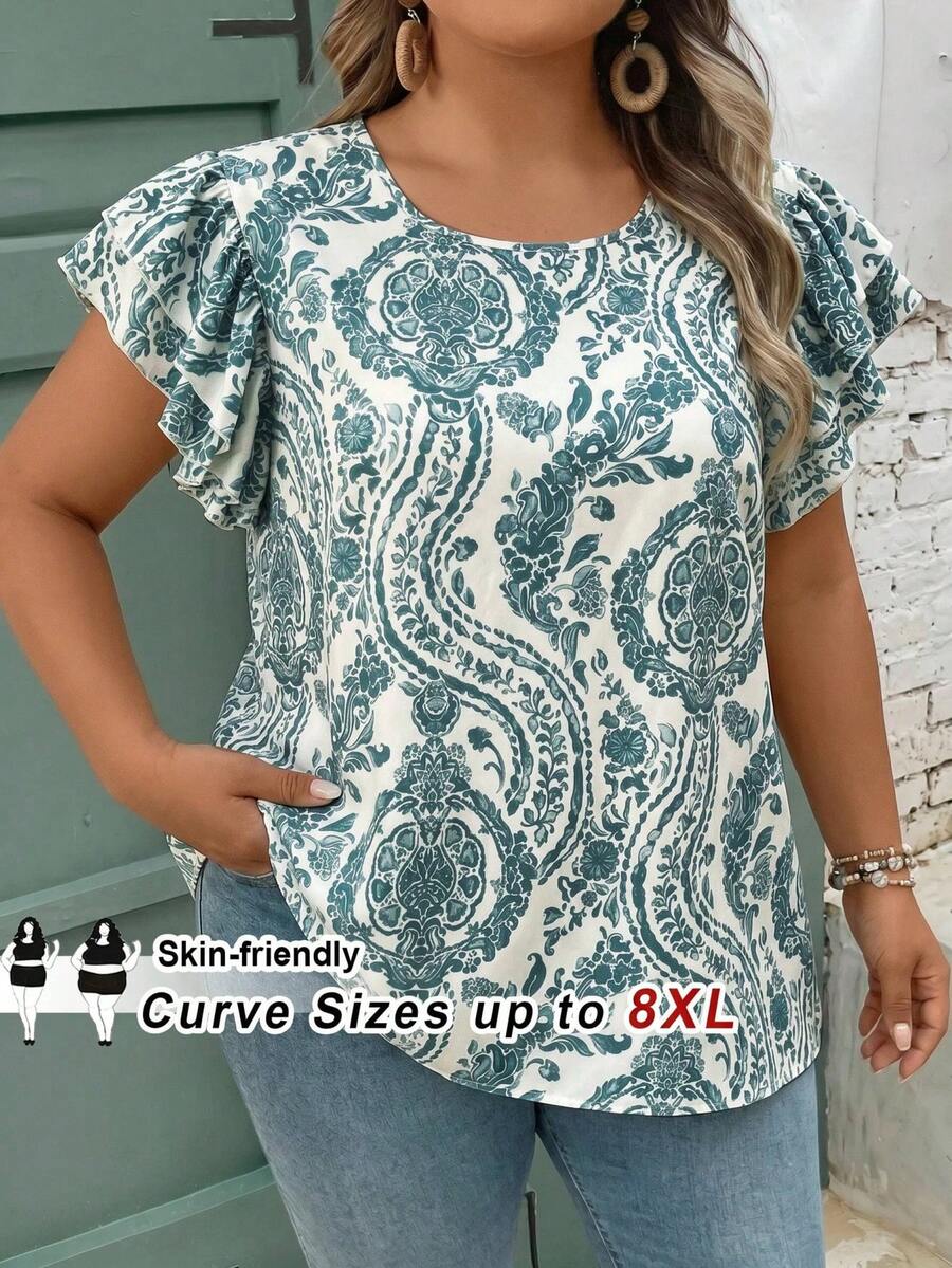 SHEIN CURVE+ Damen Große Größen Bluse mit Blume Muster, rundem Ausschnitt und Rüschenärmeln, locker geschnitten, Sommer Urlaubs Landhausstil - Grün - Übersicht 1