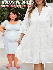 SHEIN CURVE+ Đầm hè cỡ lớn dành cho nữ, trang phục đi nghỉ hè, thiết kế cổ chữ V sâu, thêu hoa rỗng, viền bèo nhún, họa tiết hoa/mùa xuân. - trắng - Xem 2