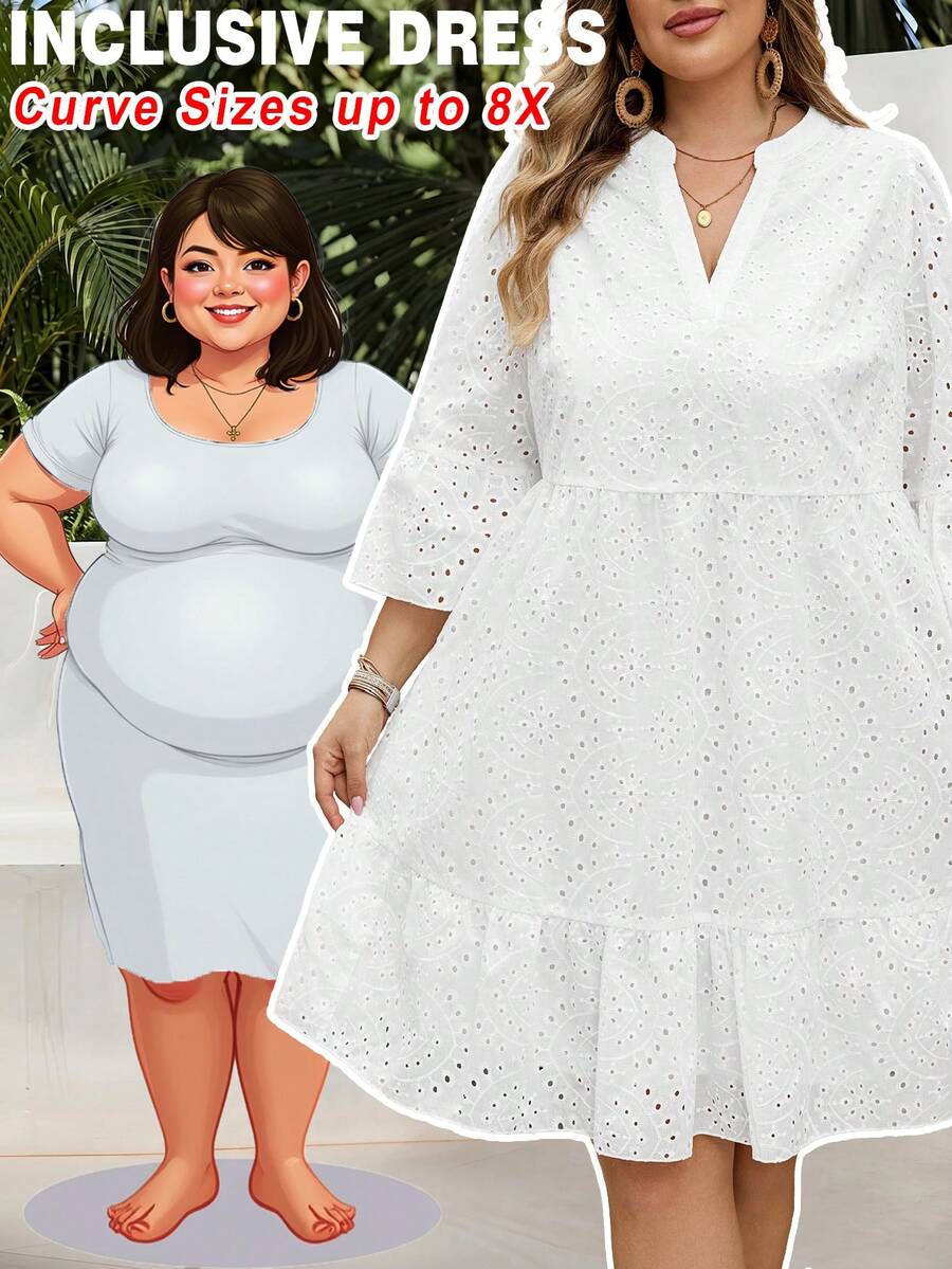 SHEIN CURVE+ Đầm hè cỡ lớn dành cho nữ, trang phục đi nghỉ hè, thiết kế cổ chữ V sâu, thêu hoa rỗng, viền bèo nhún, họa tiết hoa/mùa xuân.