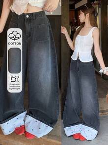 FRIFUL Celana Jeans Denim Wanita Kasual Serbaguna untuk Aktivitas Sehari-hari dengan Potongan Lebar dan Kantong - Hitam - View 1