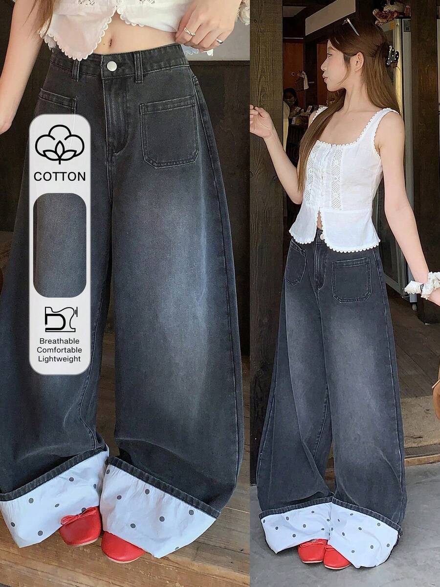 FRIFUL Celana Jeans Denim Wanita Kasual Serbaguna untuk Aktivitas Sehari-hari dengan Potongan Lebar dan Kantong - Hitam - View 1