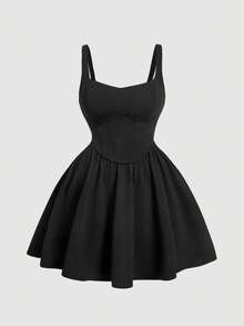 SHEIN MOD 加白色纯色紧身胸衣结构吊带连衣裙 - 黑色 - 查看 1