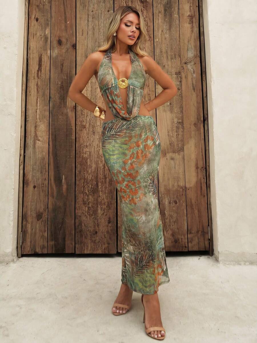 Sandy Gomes 女款綠色夏季休閒熱帶度假風優雅夏威夷印花露背洋裝，深V金屬裝飾鏤空掛脖高開衩沙灘派對裙