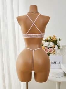 Women Spaghetti Strap Backless Criss-Cross Crop Top & Thong Lingerie Set - Pink - View 2