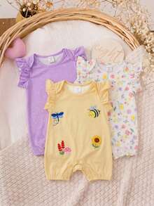 3pcs/Set Newborn Baby Girl Cute Cartoon Pattern Knitted Romper Set, Summer - Multicolor - View 4