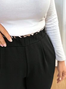 Shapeblank 大码女装秋冬时尚休闲舒适豹纹拼接松紧腰口袋黑色裤子，女式下装，秋季女装，工作裤，教师服，曲线裤，办公室装，商务休闲女装 - 黑色 - 查看 4