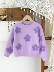 SHEIN Vintaside Kids 女童大童紫色與淺紫色圓領3D提花軟針織套頭上衣，可愛甜美簡約長袖，適合秋冬居家、外出、派對、拍照與戶外玩耍 - 紫色 - 查看 6