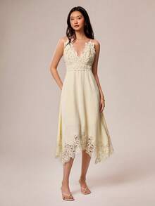 Willow Rêve 女款黃色刺繡不對稱下擺洋裝，浪漫度假風，情人節波西米亞風，適合約會、野餐，刺繡洋裝 - 鵝黃色 - 查看 7