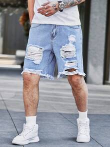 QuarKem Loose Men's Cotton Ladder Distressed Denim Shorts Jorts Work Going Out Urban Vacation Street - Light Wash - View 4