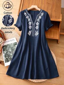 Linhara Plus Size Women Spring/Summer Casual Minimalist Pastoral Style Small V-Neck, Cotton Embroidered Fashion Ruffle Cuff Loose Fit Dress - Blue - View 3