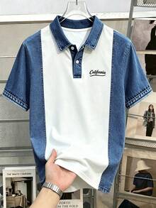 Manfinity Joysei 男士拼接牛仔效果印花短袖休閒 Polo 衫 - 藍白色 - 查看 5