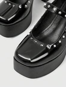 Sugerpunk Women's High-Heeled Thick-Soled Thick-Heeled Sandals, Punk Style, Dark Retro Square Toe, Rivet Circumference Design, Thick-Soled Shoes - Black - View 3