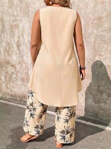 EMERY ROSE Plus Size Solid Color Front Short Back Long Sleeveless Top And Wide Leg Floral Print Pants 2-Piece Set - Apricot - View 2