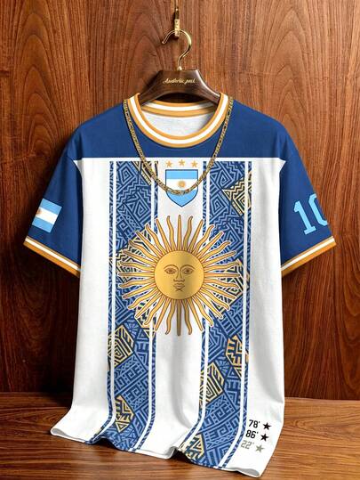 Manfinity Campus Court American Vintage Sun Totem Blue & White Vertical Striped Short Sleeve Jersey, Argentina Style Street Fashion Colorblock Crew Neck Half Sleeve Shirt, Men's & Women's Graphic T-Shirt, Men's Summer Fashion Casual Sports Top, Football, Football Supplies