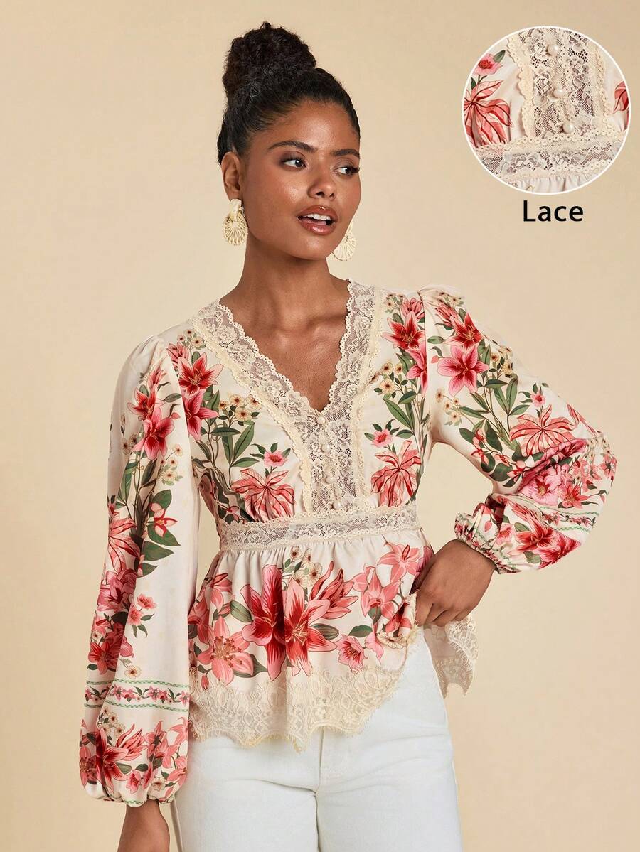 Travachic Women's Vacation Elegant Autumn Floral Print Contrast Lace Blouses - Pink - View 1