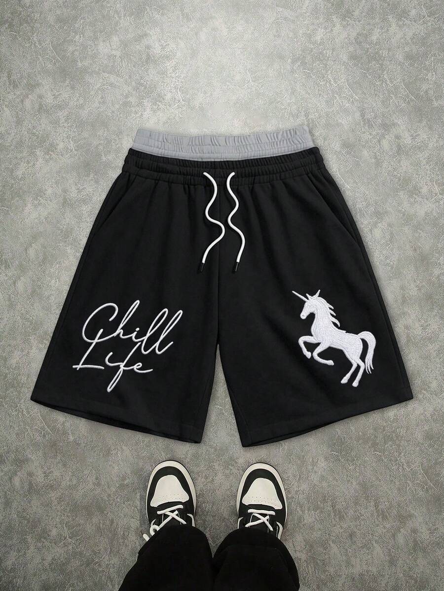 Manfinity Roghcode Men's Casual Letter Print Shorts, Fashionable Streetwear Style, Versatile, Holiday - Black - View 1