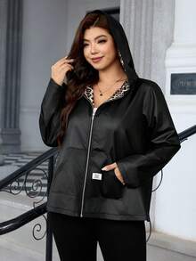 SHEIN Clasi 大尺碼女款可正反穿字母印花牛仔拉鍊連帽外套 - 黑色 - 查看 5