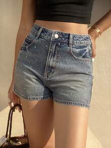 Livesso Tall Shorts vaqueros casuales para mujer con estampado de strass en todo el tejido, para mujeres altas en verano - Azul lavado medio - Ver 6