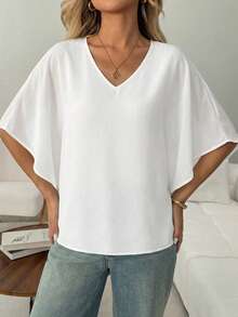 EMERY ROSE Solid Color V-Neck Batwing Sleeve Summer Casual Plus Size Shirt, 3/4 Sleeve Top, Plus Size Shirt - White - View 3