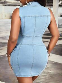 Slaydiva Vestido de mezclilla elástico de corte ajustado con bolsillos utilitarios y cierre de botones para mujer talla grande, primavera/verano - Lavado ligero - Ver 2