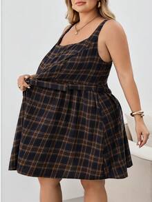 SHEIN CURVE+ Plus Size White Chocolate Brown Plaid Mini Dress, Square Neck, With Belt, Fall Winter 2026 22W - Multicolor - View 3