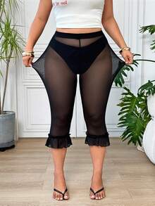 SHEIN EZwear 大尺碼時尚透視性感荷葉邊下擺短款緊身褲 - 黑色 - 查看 1