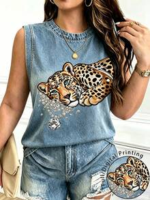 EMERY ROSE Women's Tiger Print Crew Neck Short Sleeve Casual Vest - Multicolor - View 1