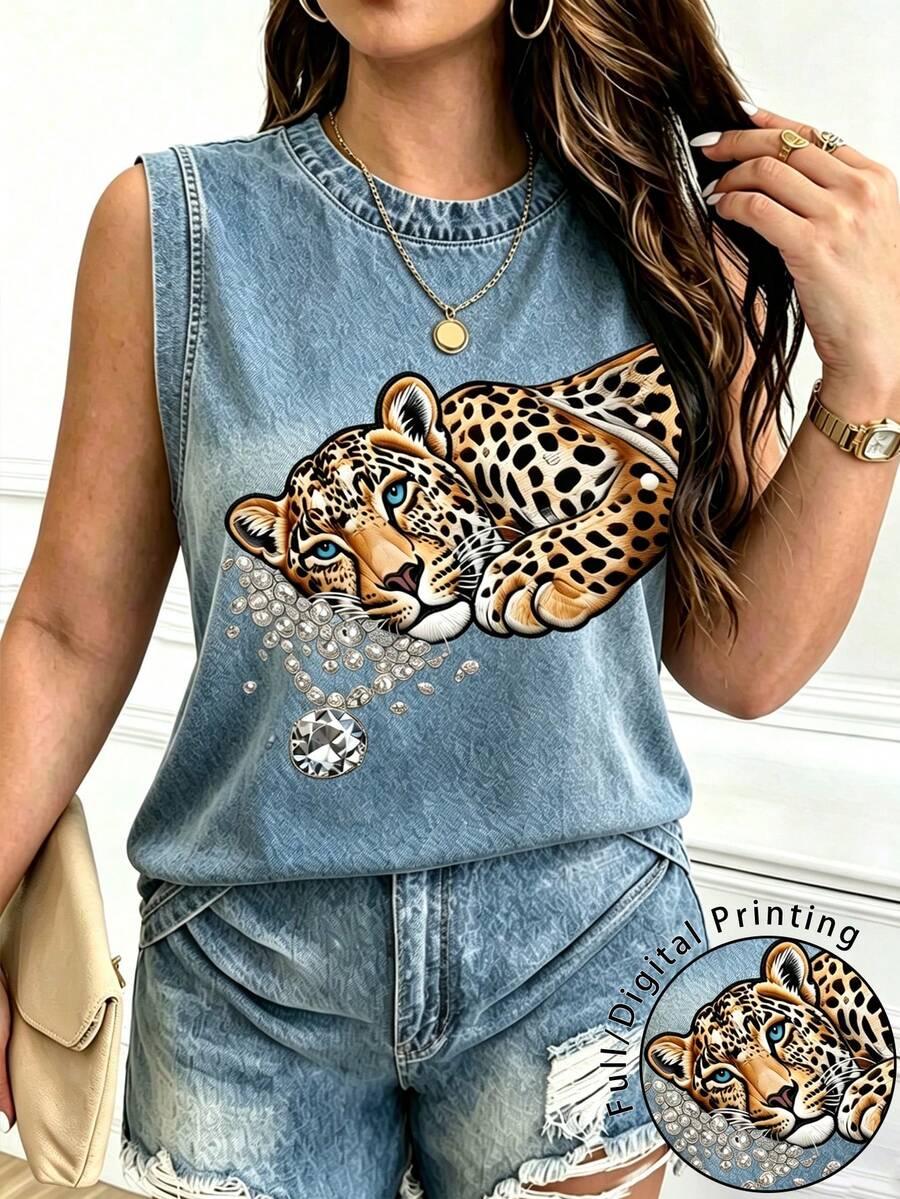 EMERY ROSE Women's Tiger Print Crew Neck Short Sleeve Casual Vest - Multicolor - View 1