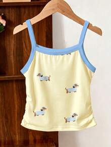 SHEIN Elladie kids 青少年女孩拼色臘腸狗印花細肩帶高彈力修身背心 開學季 - 黃色 - 查看 2