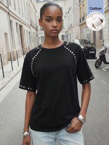 Maija Women's Round Neck Raglan Short Sleeve Casual Versatile T-Shirt, Beach, Going Out, Casual, Autumn Holiday, Country Social Top - Black - View 2