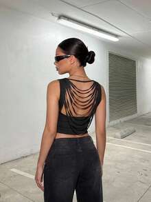 SHEIN ICON 女款黑色哥德風頹廢風純色休閒百搭日常外出上衣 - 黑色 - 查看 1