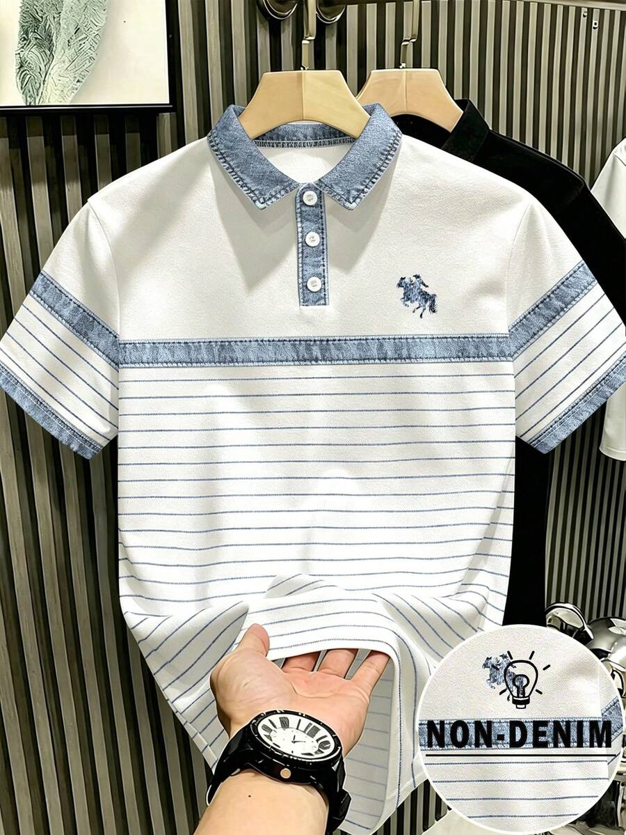 Manfinity Hypemode 復古丹寧風藍白拼色條紋 Polo 衫,小馬標誌印花,藝術領短袖上衣,男女款圖案 T 恤,百搭夏季休閒襯衫 - 彩色 - 查看 1