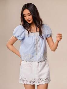 Willow Rêve Women's Blue Embroidered Trim Puff Sleeve A-Line Loose Blouse, Boho Style, Valentine's Day, Romantic Exclusive Style, Sweet Style - Blue - View 8
