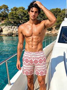 Manfinity Swimmode Pantalones cortos de playa para hombre con estampado integral y cintura con cordón para vacaciones de verano - Rojo - Ver 7