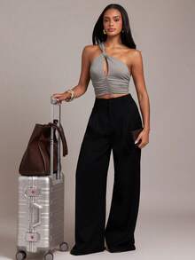 Hauture Women's Sexy Elegant One Shoulder Ruched Cut Out Cropped Sleeveless Top, Perfect For Summer Vacation, Traveling, Daily Casual Wear, Gray - Grey - View 5