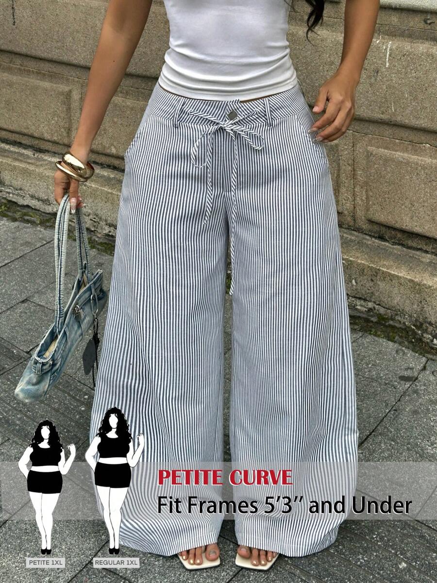 SHEIN PETITE CURVE 大尺碼女款休閒水手風度假日常通勤沙灘夏威夷配色條紋腰綁帶寬鬆寬腿長褲 黑白秋季