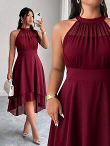 Elenzga Đầm size lớn cổ tròn sát nách, hai lớp bèo nhún, gấu váy bất đối xứng - Màu Đỏ Sâu - Xem 5