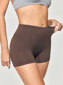 SHEIN Shorts de moldeadores sin costuras de unicolor simple - Café integral - Ver 5
