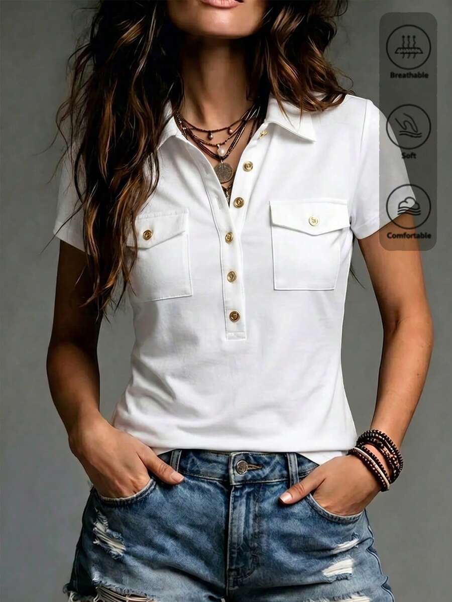 SHEIN 夏季女款白色上衣,女款休閒外出上衣,優雅,女款度假海灘上衣,女款派對上衣,休閒上衣,女款結構設計上衣,通勤上衣 - 白色 - 查看 1