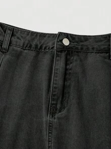 SHEIN MOD 女款鈕扣百褶休閒百搭牛仔裙，日常度假穿搭 - 黑色 - 查看 4