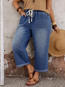 EMERY ROSE EMERY ROSE Plus Size Women's Drawstring Waist Pocket Casual Versatile Daily Wear Denim Jeans - Dark Wash - View 6